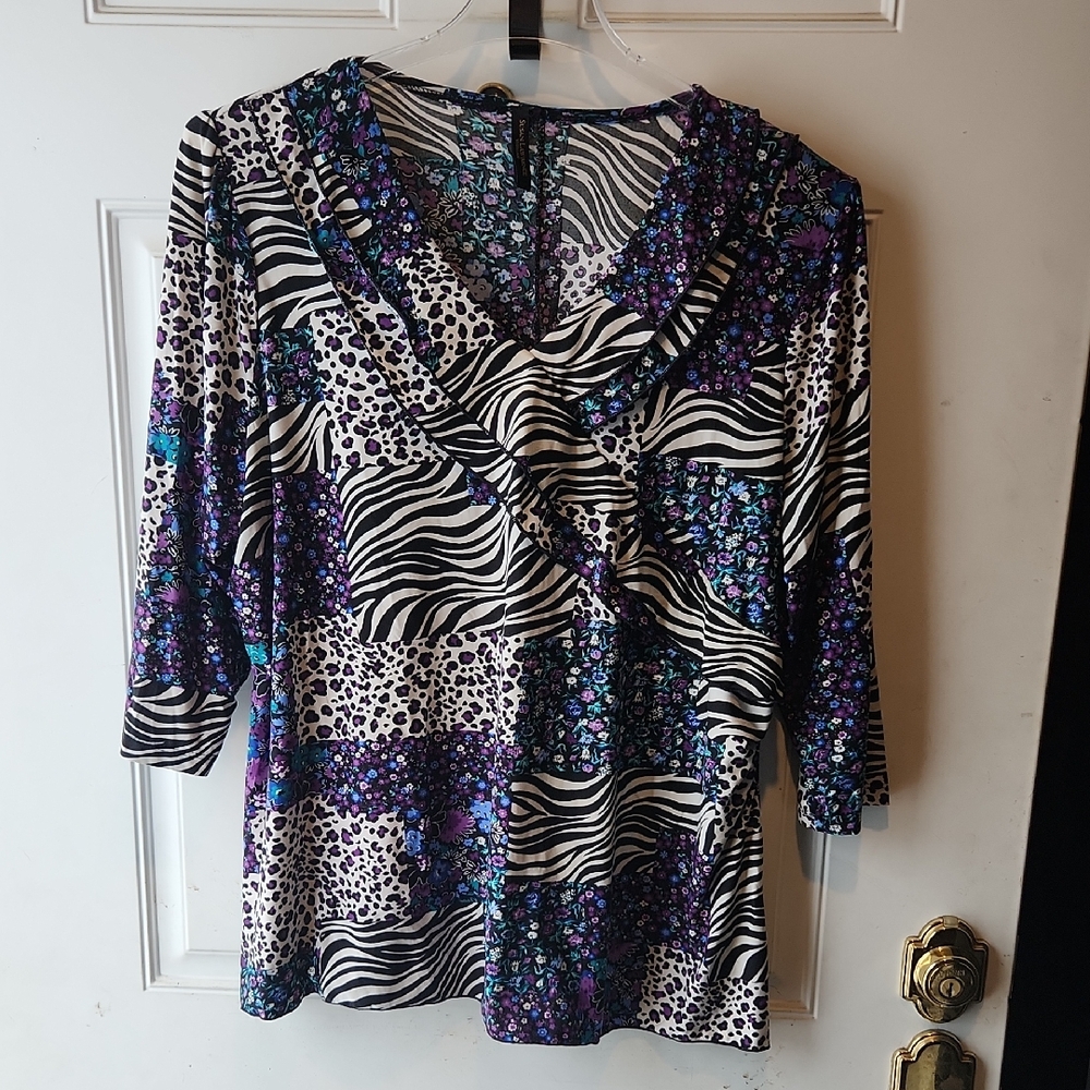 Susan Lawrence 3/4 Sleeve Blouse Blue & Purple Zebra Floral Size 3X